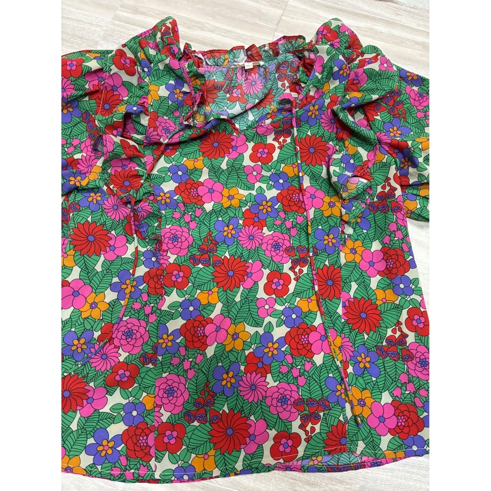 entro Floral Ruffle Puff Sleeve Blouse Retro Multicolor V-Neck L - Picture 2 of 5